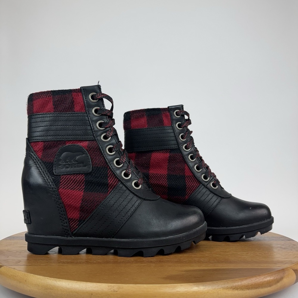 Womens Sorel Lexie Red Black Plaid Waterproof Lace Up Wedge Ankle Boots Size 6.5